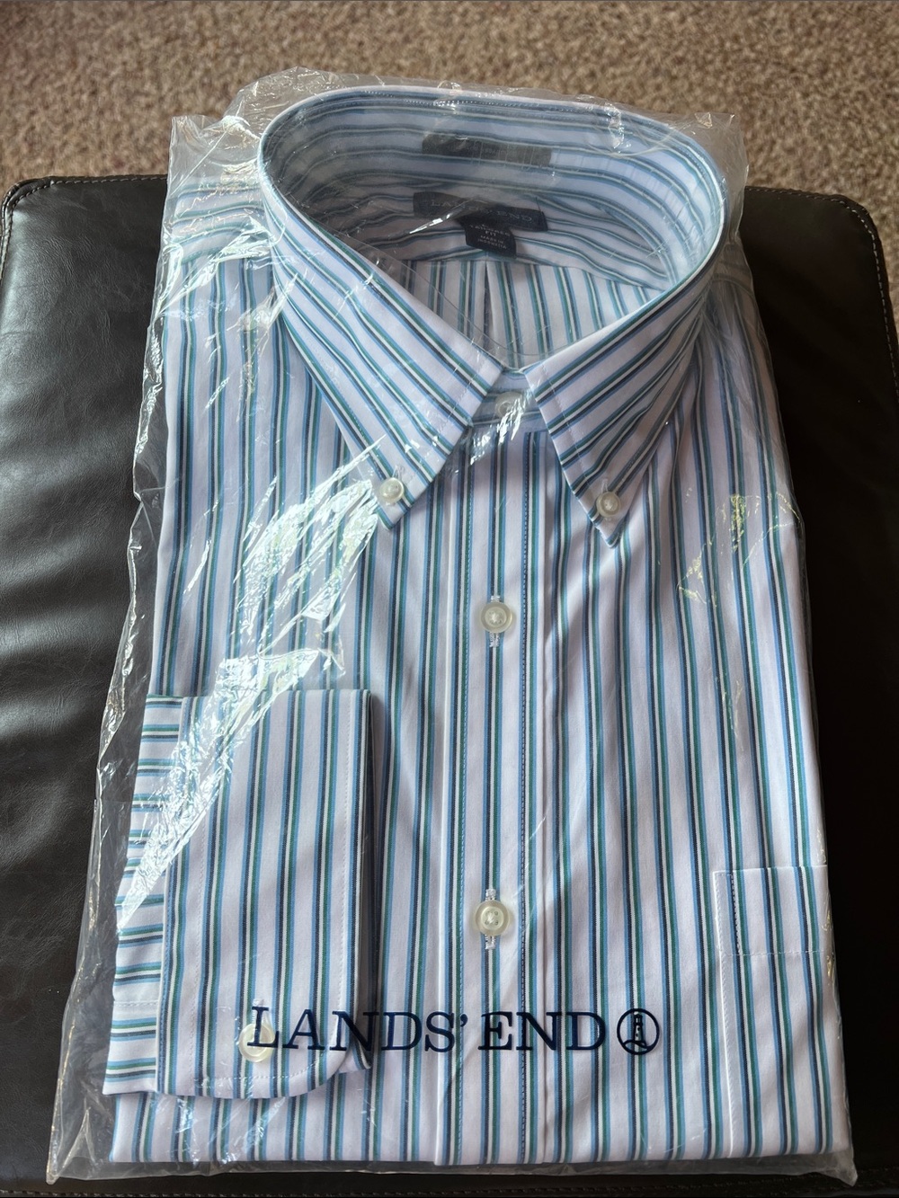 Lands' End Men's Light Blue, Navy, Green and White Striped Dress Shirt Long Slv